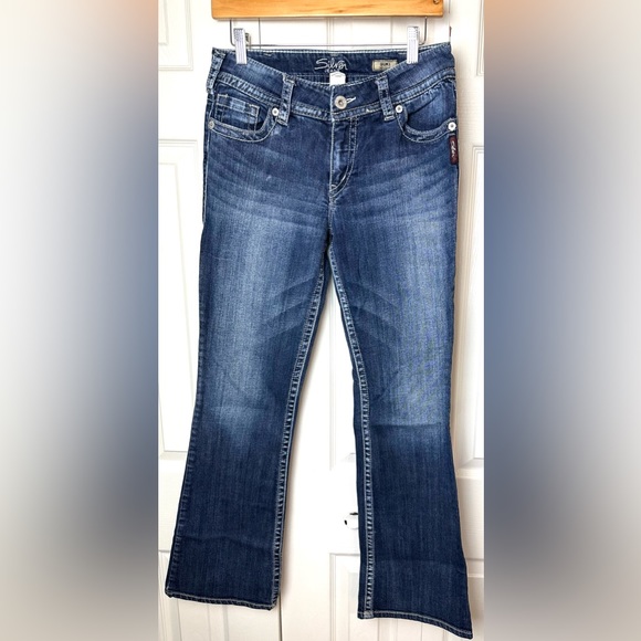 SILVER Jeans Suki Bootcut Jeans Denim Dark Wash Thick White Stitch Mid Rise - Picture 3 of 14